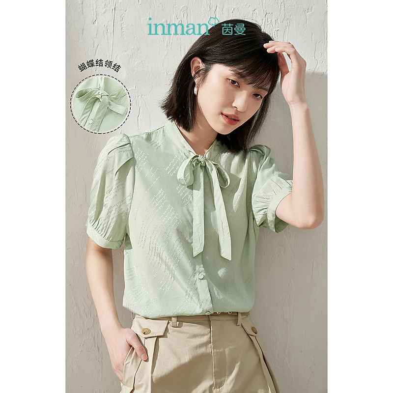 【度假穿搭】茵曼夏季女衬衫衬衣短袖新款泡泡袖休闲通勤绑带时尚