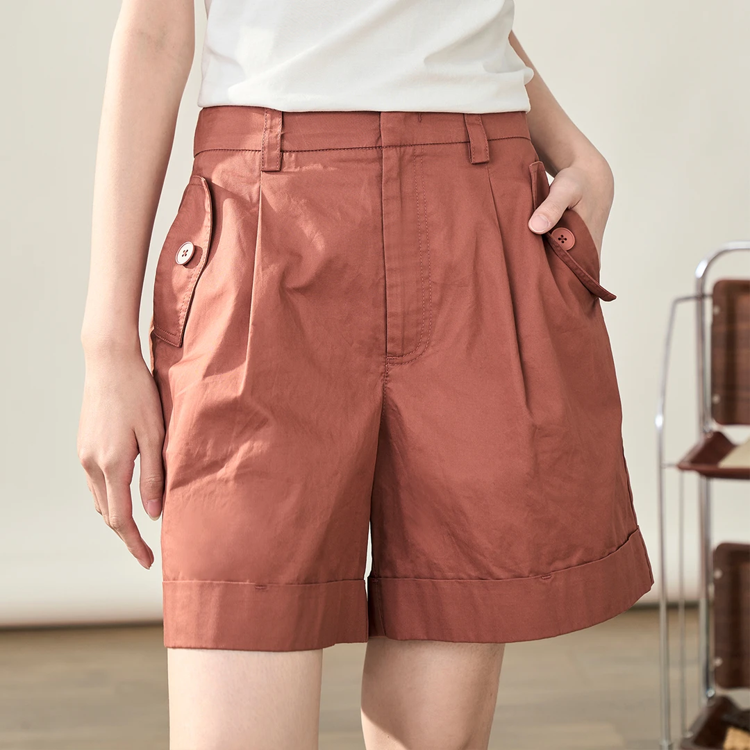 【商场同款】茵曼春秋女休闲裤裤子阔腿新款高腰纯棉松紧短裤百搭