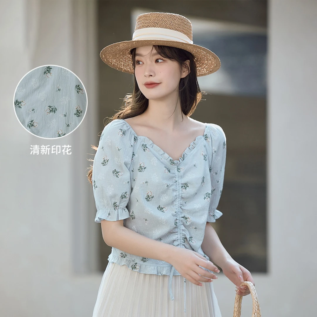 【一秒入夏】茵曼夏季法式碎花印花荷叶边V领短袖衬衫女夏季穿搭