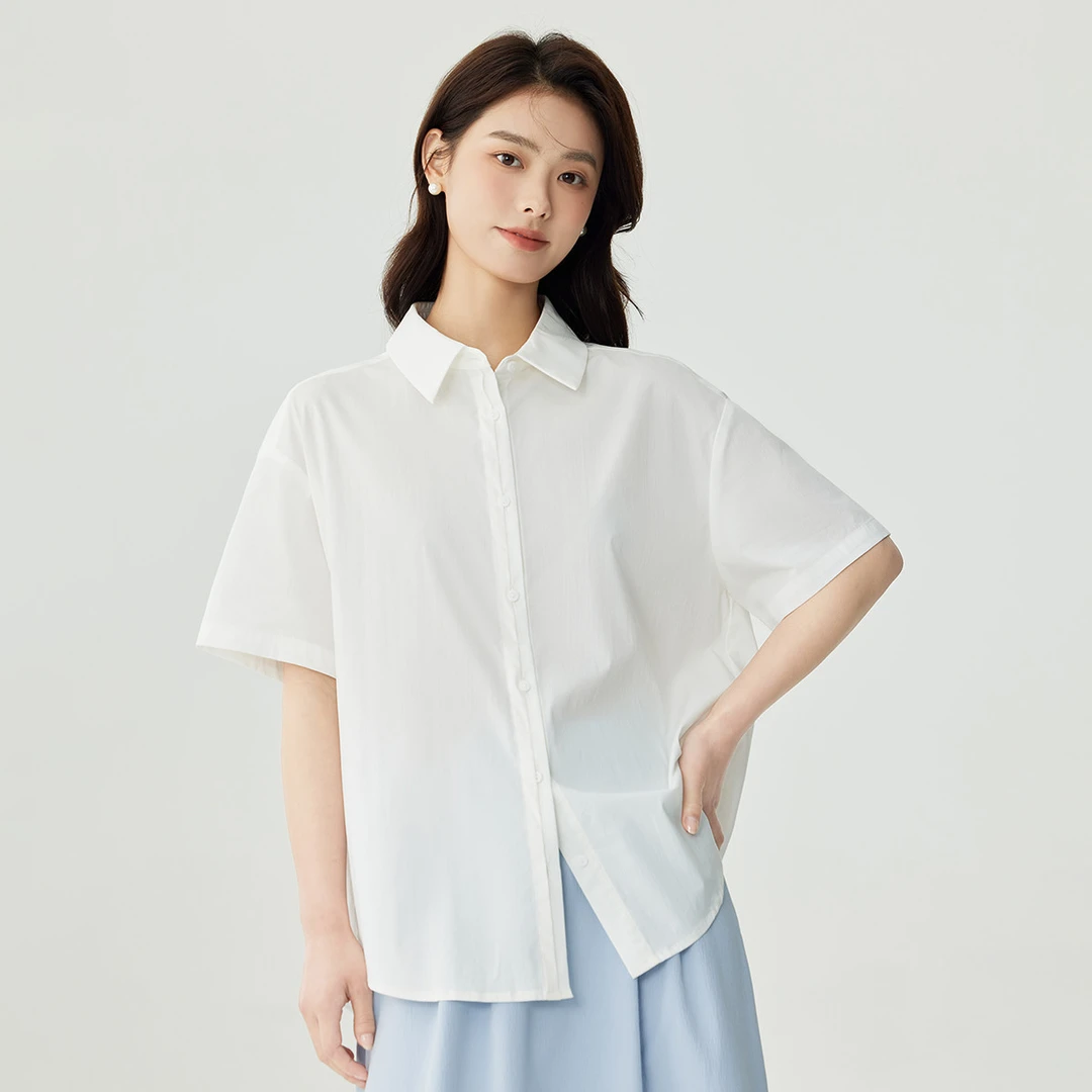 茵曼2024夏季新款女衬衫衬衣上衣白衬衫短袖休闲薄款豹纹白色小众