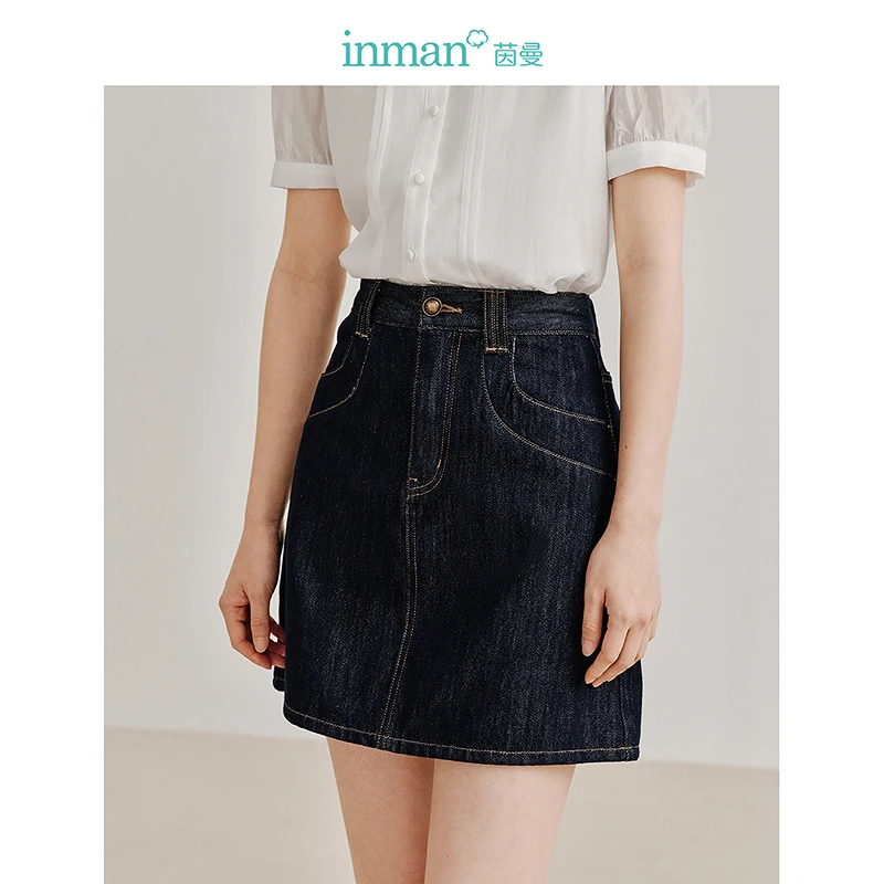 茵曼2024夏季新款女半身裙短裙牛仔女装A字显瘦休闲高腰纯棉百搭