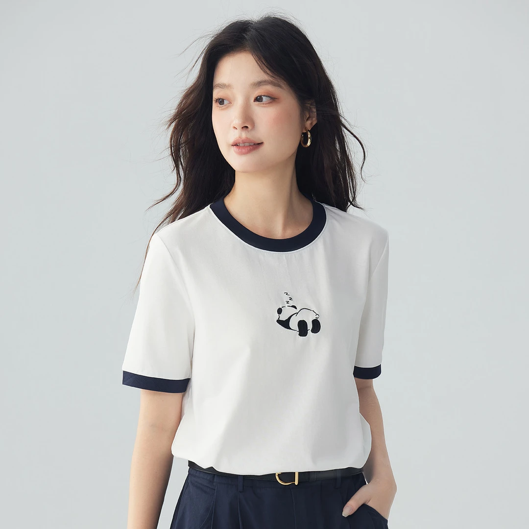 茵曼夏季2025新款女T恤上衣短袖长袖时尚圆领休闲连帽刺绣百搭