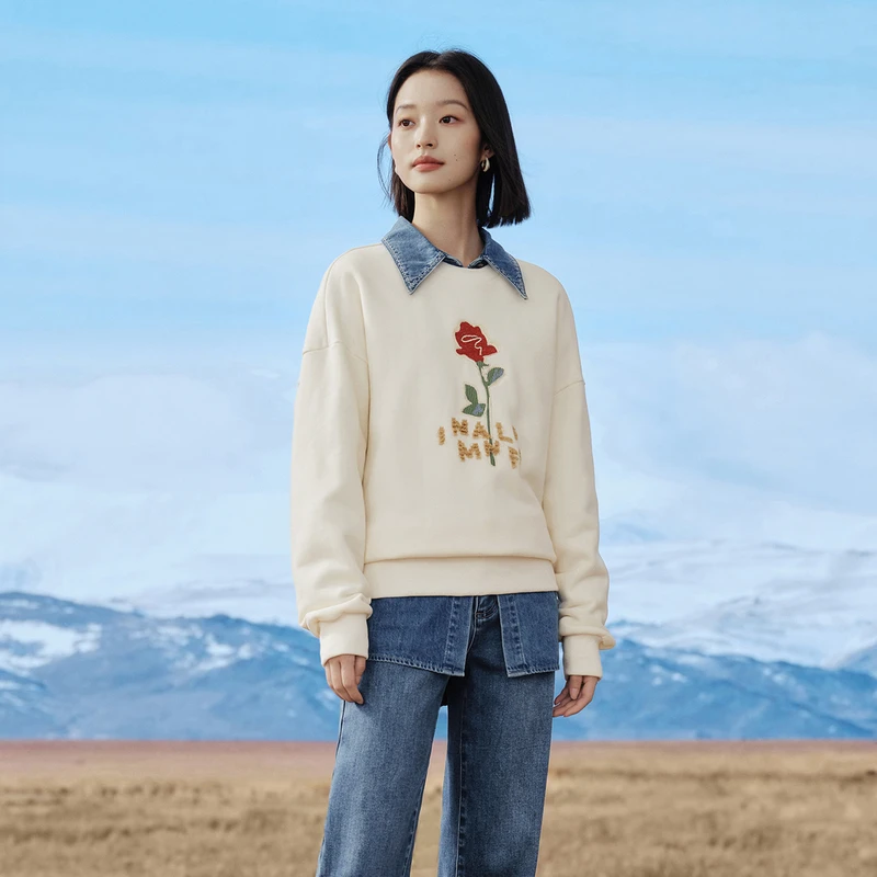 茵曼冬季女卫衣/绒衫上衣长袖新款套头女卫衣圆领宽松休闲加厚