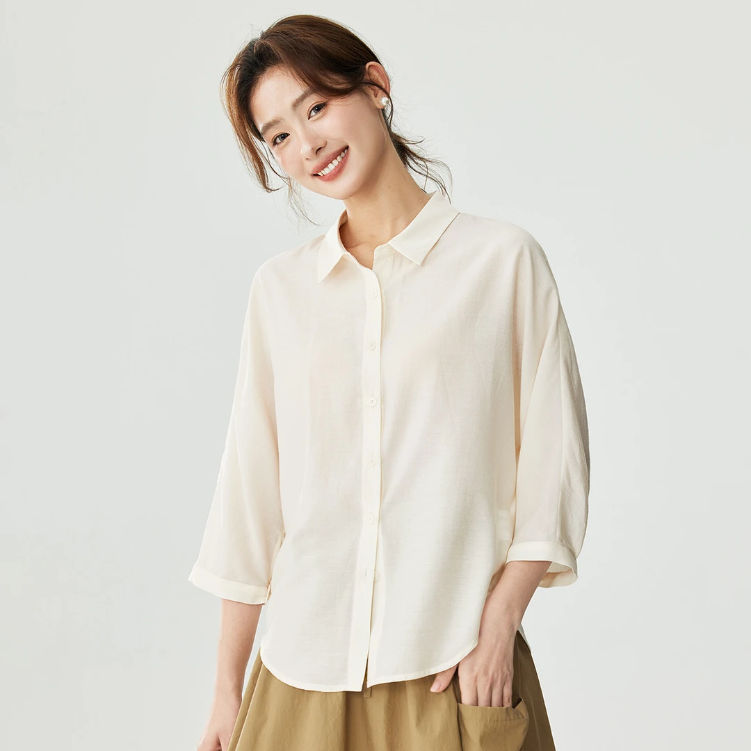 茵曼2024夏季新款女衬衫衬衣上衣气质休闲薄款中袖豹纹通勤翻领