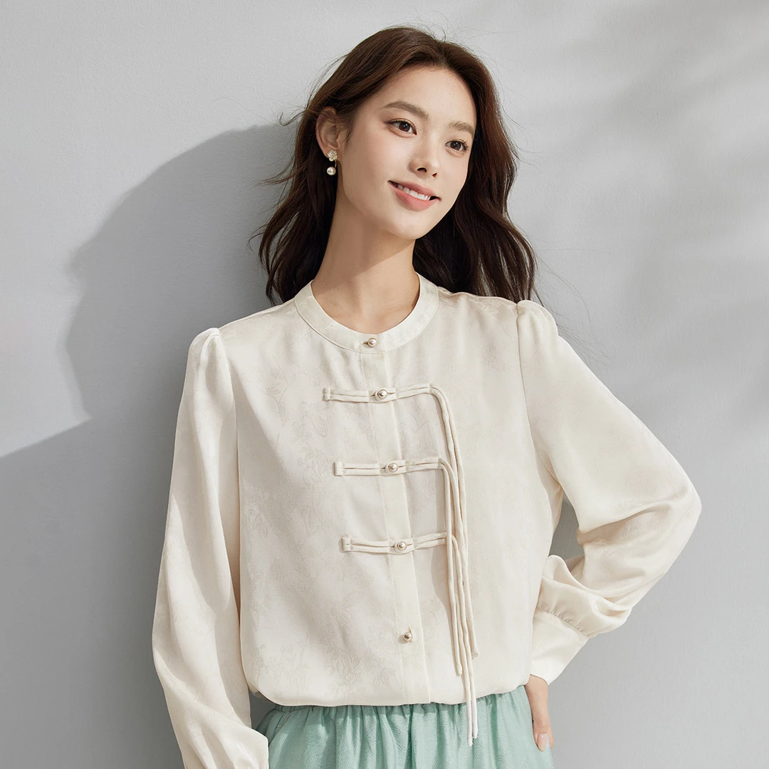 【欧若新中式】茵曼秋季新中式国风盘扣长袖衬衣时尚高级感提花衬衫