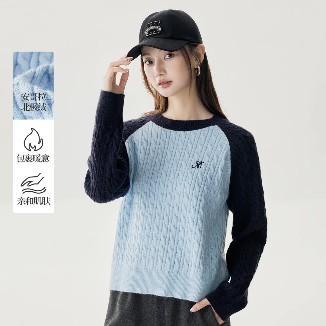 茵曼冬季复古撞色套头毛衣女时尚保暖舒适百搭针织衫毛衣女秋冬