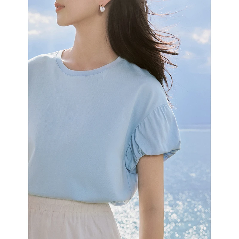 茵曼夏季女T恤上衣短袖纯棉显瘦新款圆领休闲时尚纯色反季爆款