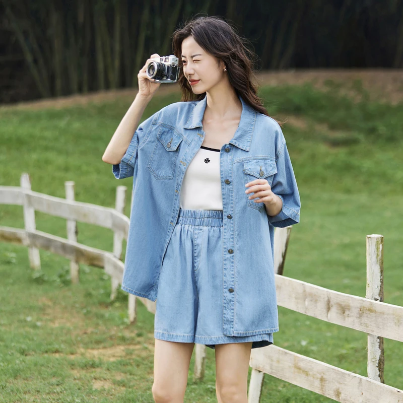 茵曼夏季女衬衫上衣衬衣牛仔女装新款短袖宽松休闲纯色爆款百搭