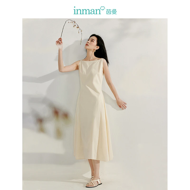 【年终狂欢购】茵曼春季法式气质小众一字肩连衣裙收腰无袖吊带长