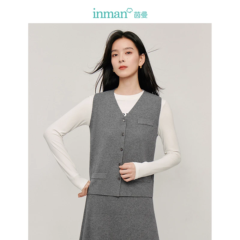 茵曼秋季格雷系V领针织开衫马甲女无袖外搭背心马夹