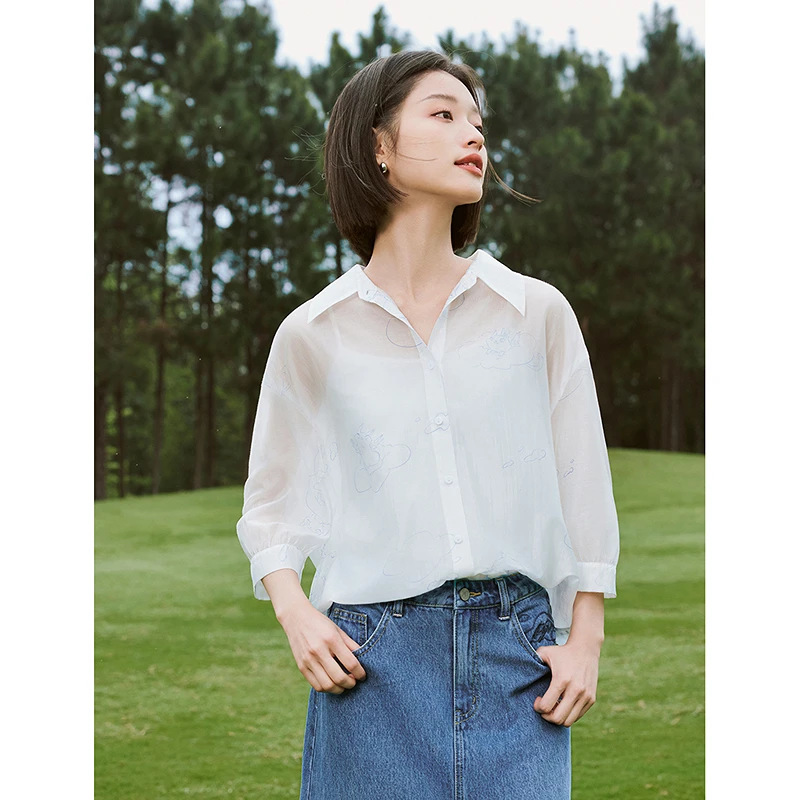 【尤莱特】茵曼米雷开叉衬衫夏女新款尖角翻领印花衬衣上衣