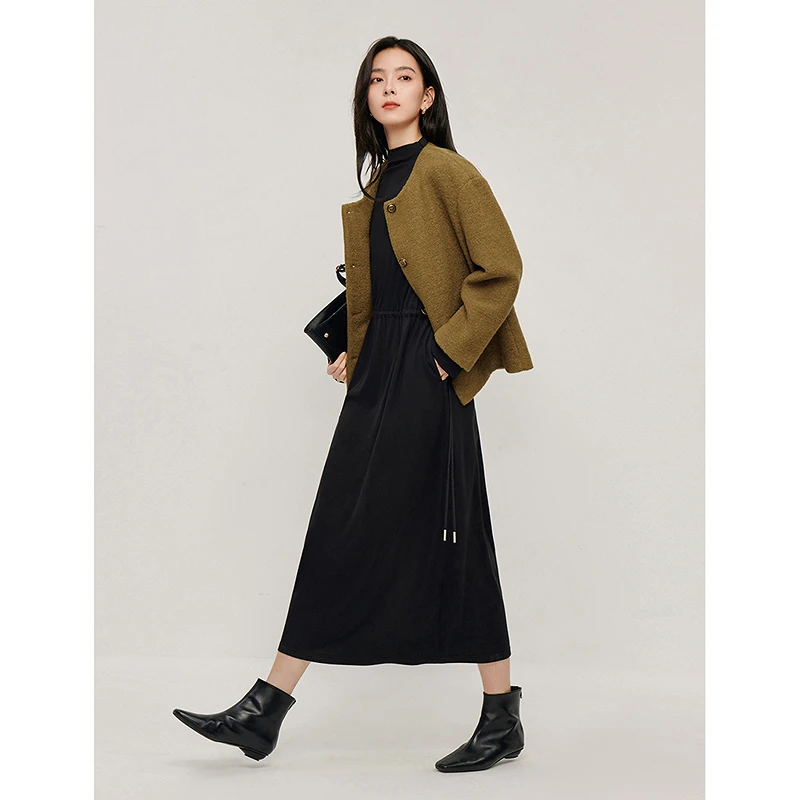 茵曼复古通勤圈圈呢短外套2025秋季女装新款显瘦宽松圆领保暖大衣