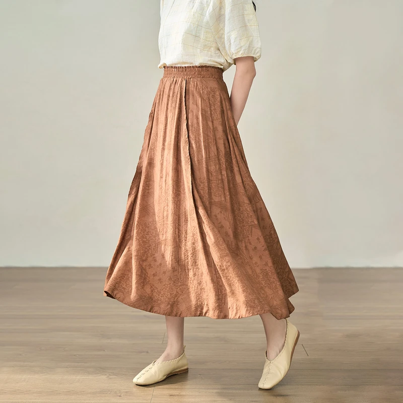 【商场同款】茵曼清麻半身裙女秋季新款松紧高腰A字长裙子