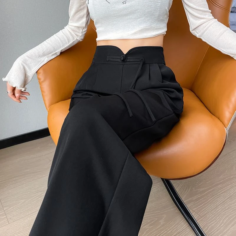 新中式高腰盘扣西装裤女春季新款设计感休闲裤百搭显瘦国风阔腿裤