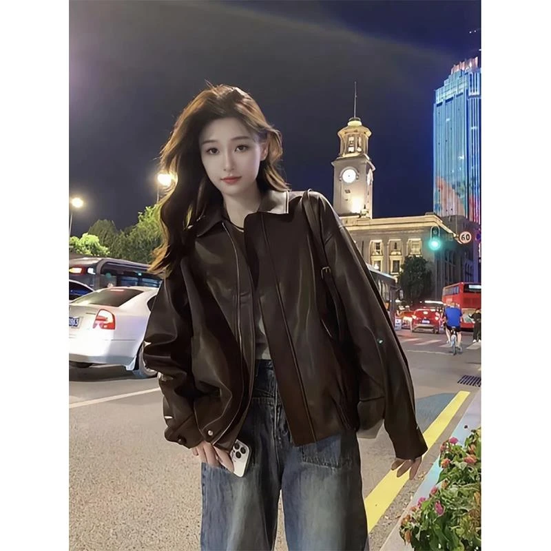 棕色pu皮衣外套女2025春秋港风爆款美拉德穿搭机车小个子宽松夹克