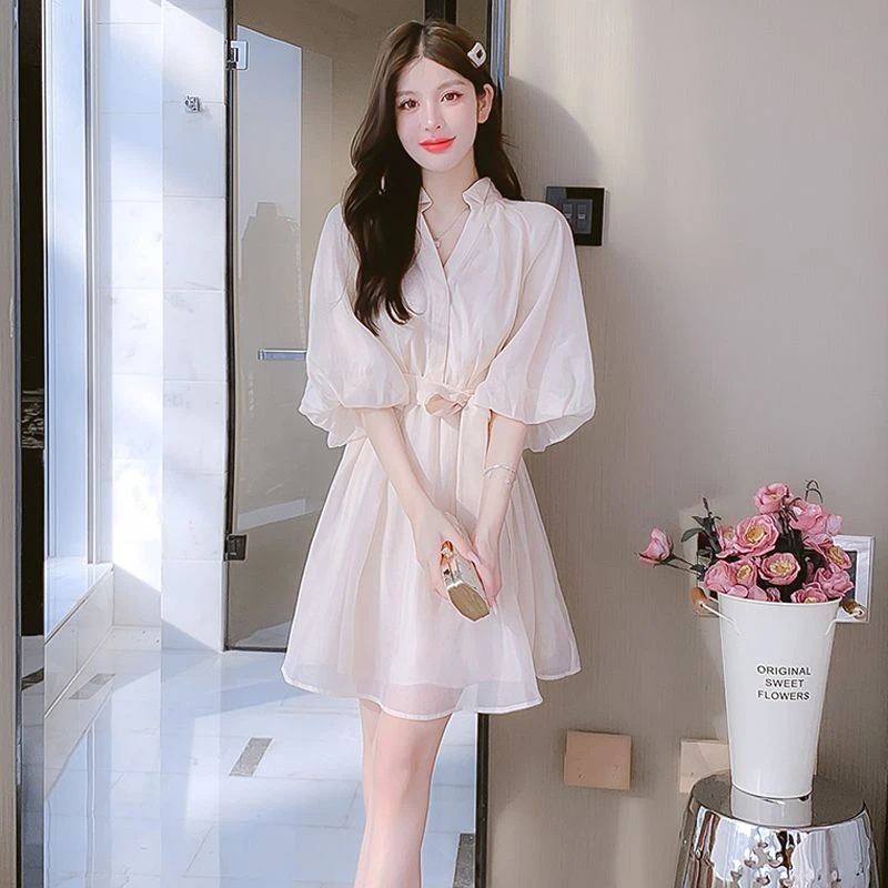 夏高级感法式灯笼袖雪纺连衣裙女装夏季新款短款小个子显瘦夏裙