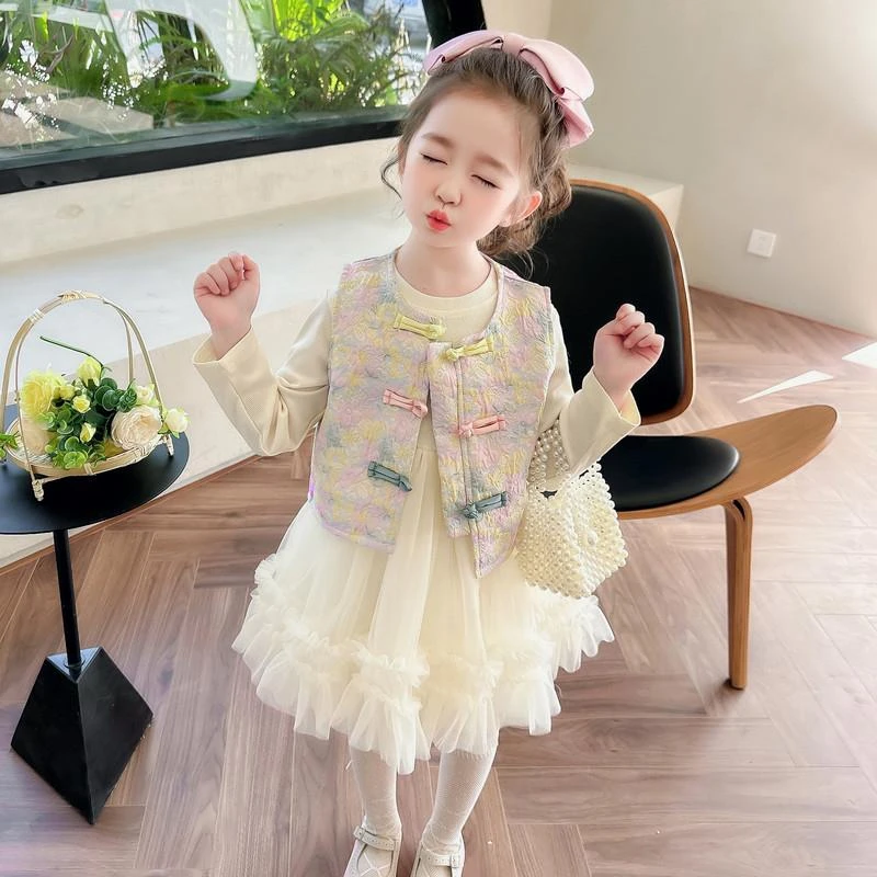 女童春秋季盘扣马甲连衣裙套装2025春装新款宝宝甜美公主裙两件套