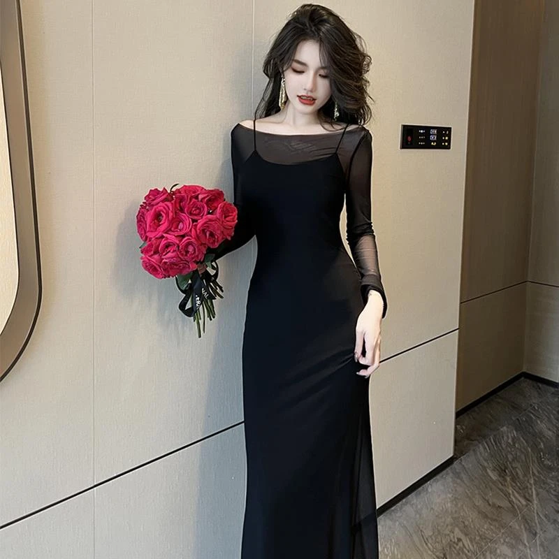 欧洲站法式赫本风高级感御姐性感连衣裙春秋新款修身显瘦罩衫长裙