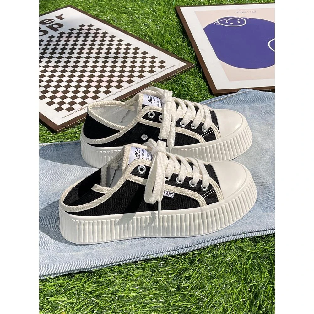 小香风半拖帆布鞋女厚底增高休闲饼干鞋两穿踩跟一脚蹬百搭小白鞋