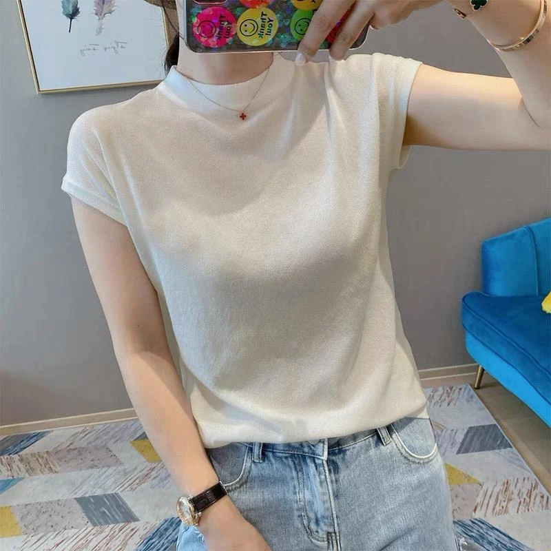 夏季2026新款法式圆领宽松短袖针织衫恤女装白色打底冰丝上衣薄