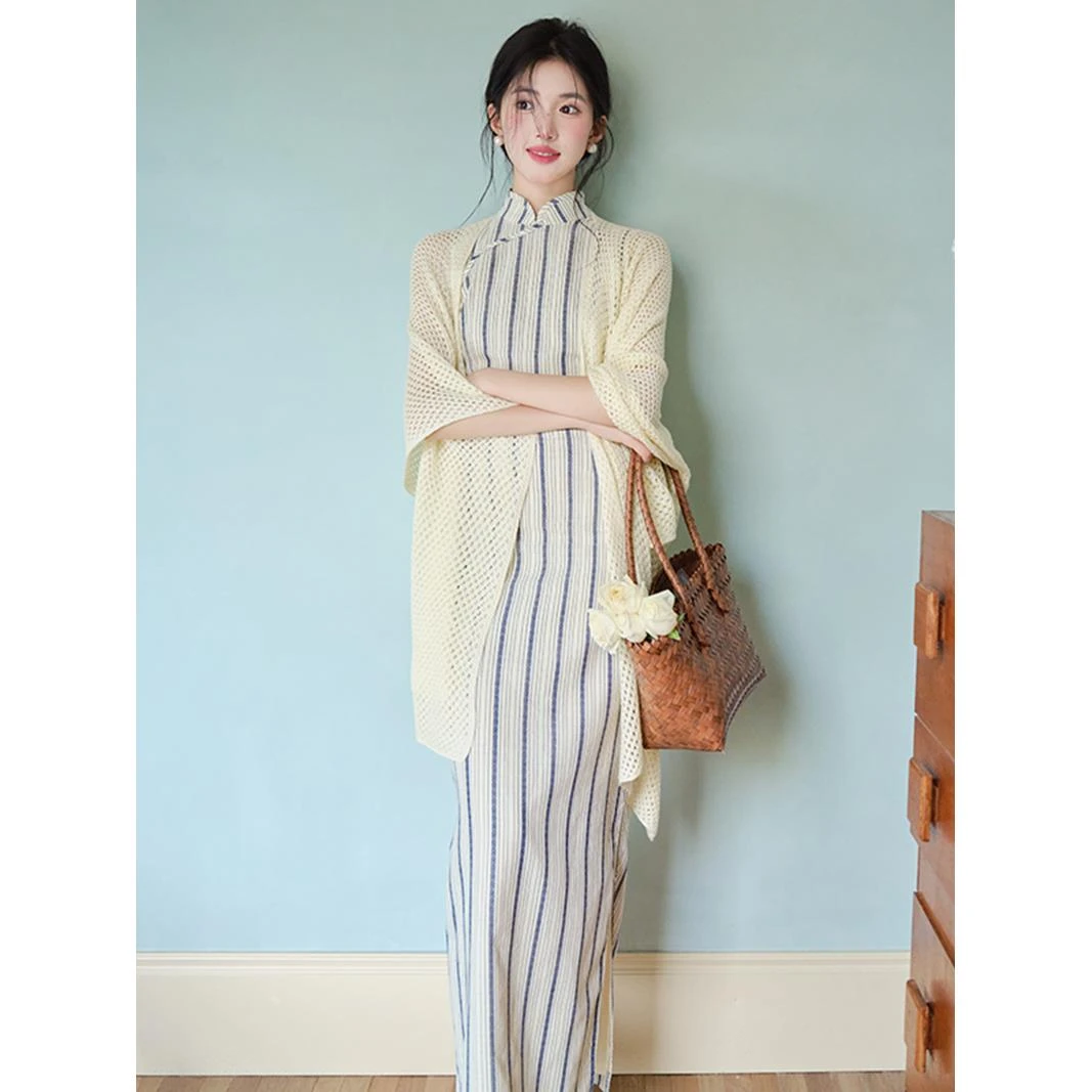 新中式超好看绝美淑女改良复古江南民国风条纹旗袍气质连衣裙女夏