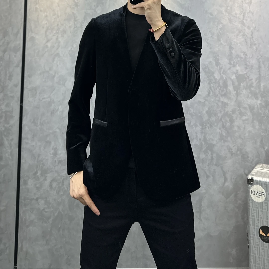 90829秋季2025新款男士轻奢金丝绒无领西服商务时尚潮流休闲外套