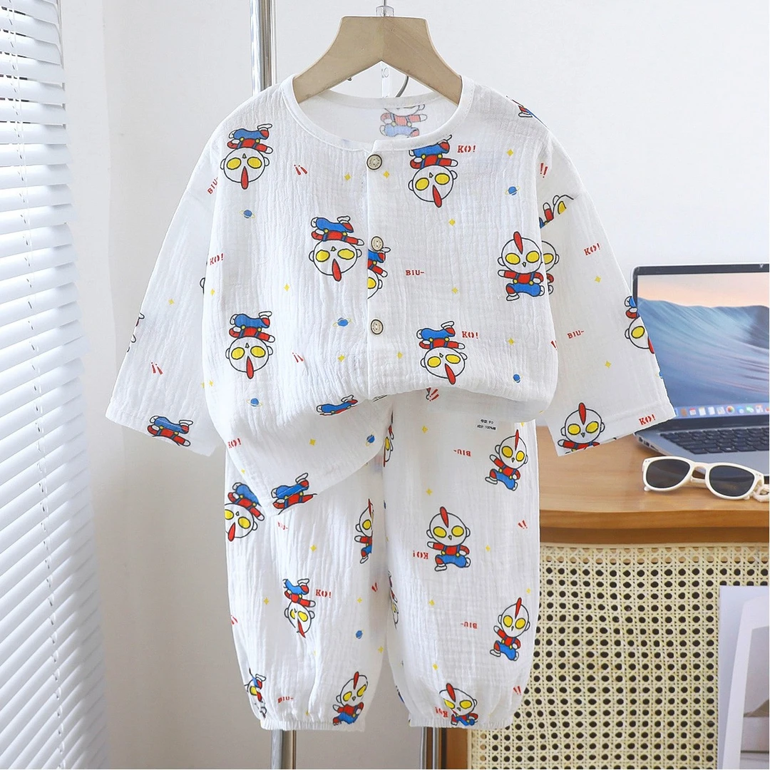 儿童夏季家居服宝宝薄款纯棉双层纱布睡衣中童空调服儿童秋衣