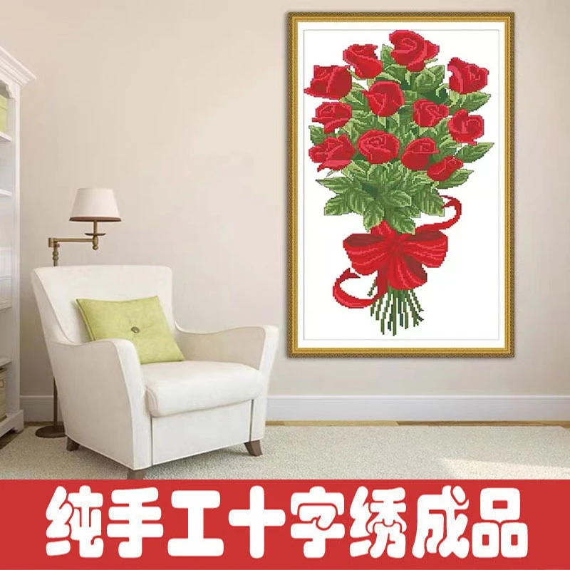 绣好的纯手工十字绣成品情人红玫瑰花朵小幅竖版卧室画不带框H023