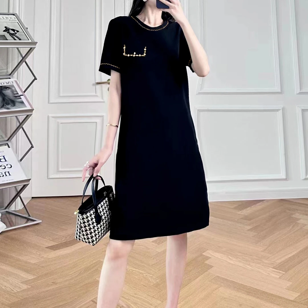 【夏季新款】法式黑色中长款气质a字裙休闲宽松连衣裙DH2201 裙长92