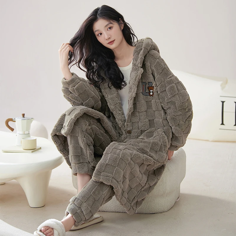加厚加绒睡衣冬款新款睡袍套装女冬季中长款连帽家居服套装