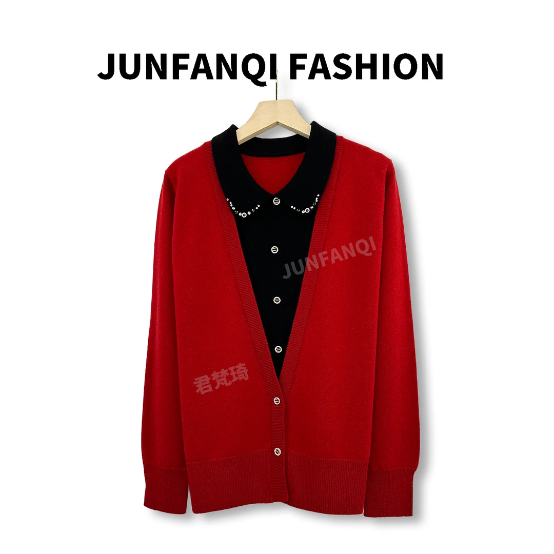 JUNFANQI/君梵琦100纯羊毛宽松气质洋气假两件显瘦女士上衣23812#