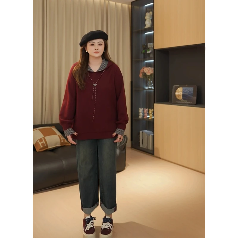 【胖佳佳】现货~微风情书 假两件连帽卫衣时尚格纹品上衣H624Z17965