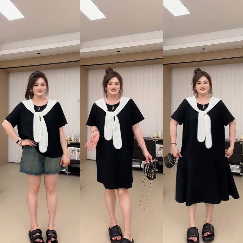 【胖佳佳】四季春 假两件蕾丝披肩短袖T恤裙H624Z05128/H624Z05692