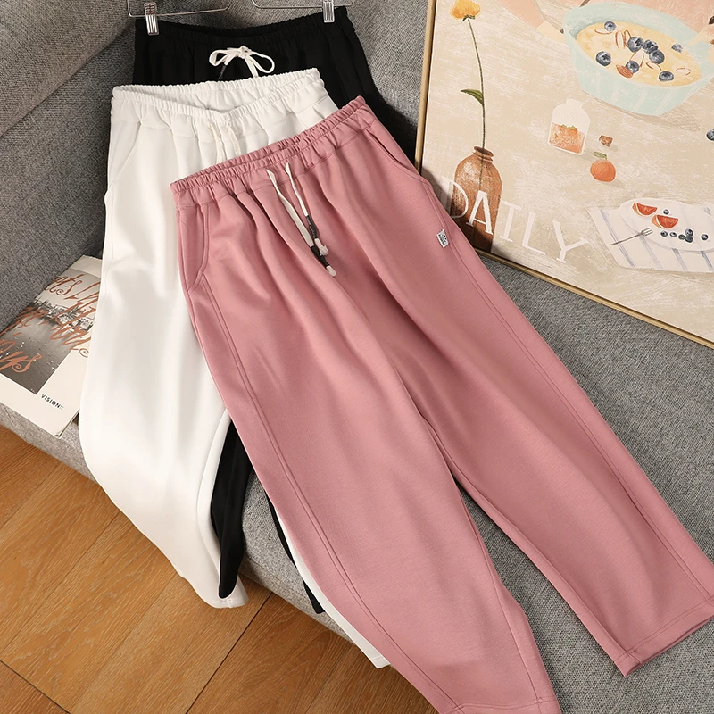 【胖佳佳】黑桃甜心 空气层休闲裤夏季松紧腰直筒长裤HZ217367