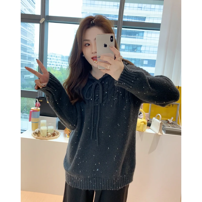 【胖佳佳】现货~流金岁月 珠片连帽毛衣秋季时尚百搭上衣H624Z15858