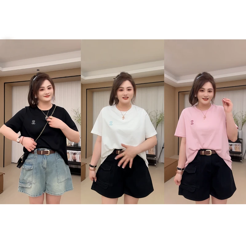 【胖佳佳】无尽夏 短袖T恤女休闲百搭纯色圆领刺绣上衣H624Z04568