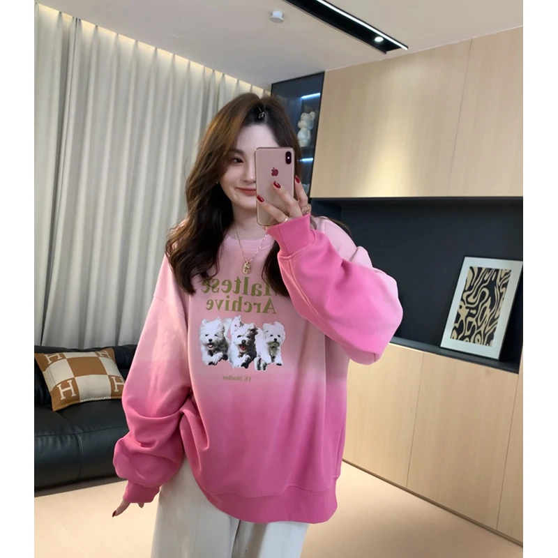 【胖佳佳】现货~腮红卫衣 圆领渐变印花上衣秋季时尚减龄H624D12980