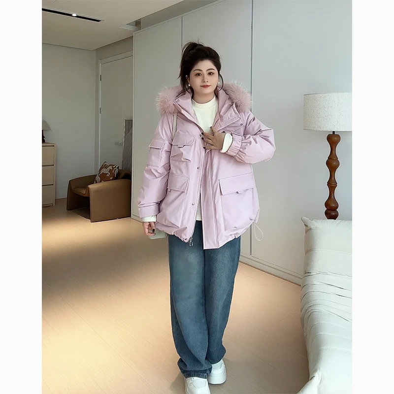 【胖佳佳】柏林粉雾 时尚真毛领派克羽绒服H624R17696/H624P18853