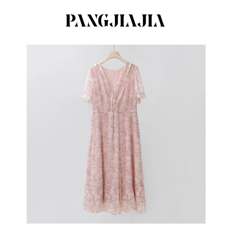 【胖佳佳】风铃与诗 短袖连衣裙夏季气质减龄雪纺碎花裙HQ345906