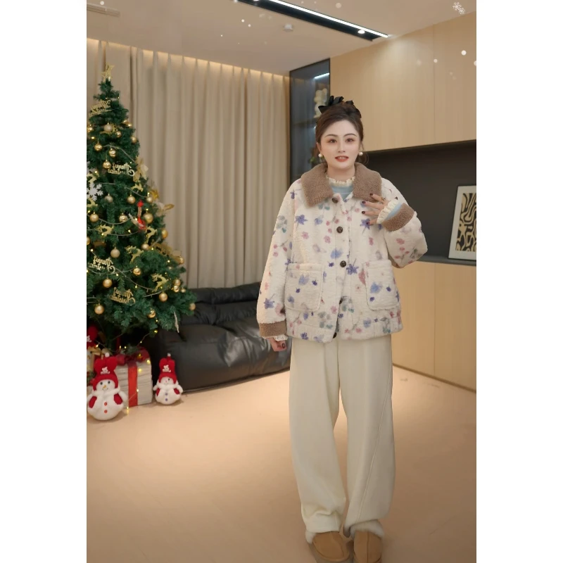 【胖佳佳】麋鹿森林 撞色印花羔毛外套冬季时尚减龄女H624I20747