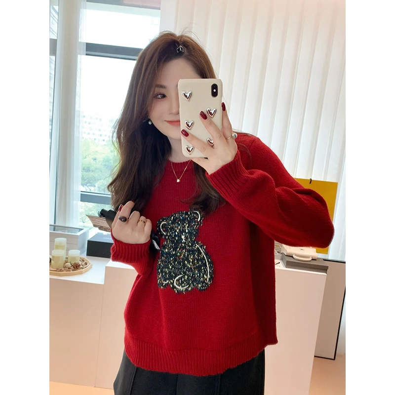 【胖佳佳】现货~朗姆红茶 圆领毛衣重工亮片拼接针织衫H624Z14574
