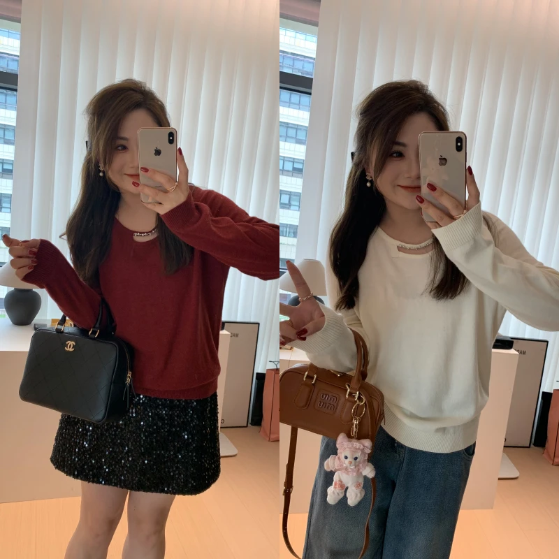 【胖佳佳】现货~温柔已至 长袖镂空针织衫高级纯色上衣H624Z13948