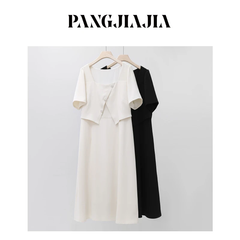 【胖佳佳】如约而至 短袖连衣裙夏季气质显瘦方领西装裙HQ348968