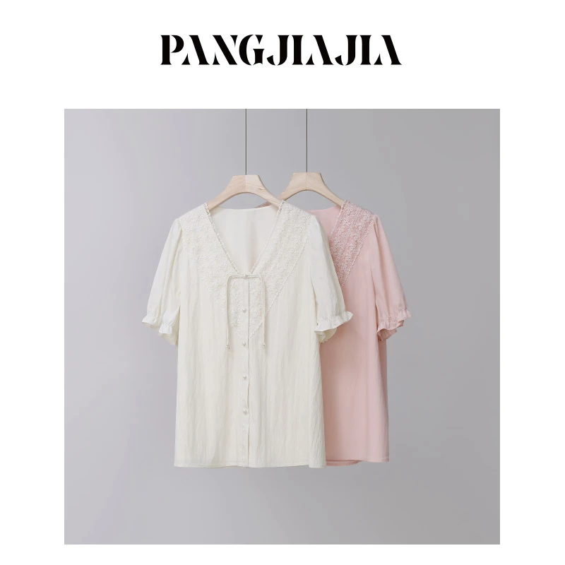 【胖佳佳】温柔陷阱 短袖国风衬衫女新中式盘扣蕾丝小衫H624E02511