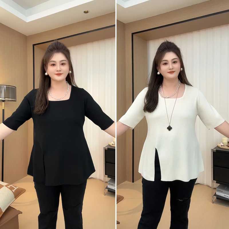【胖佳佳】现货~月光缪斯 短袖针织衫显瘦开叉方领上衣H624Z11997
