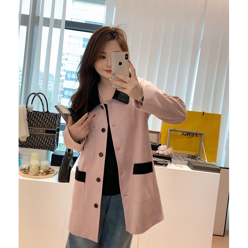 【胖佳佳】不及优雅 撞色翻领外套秋季时尚高级风衣女H624Z16498