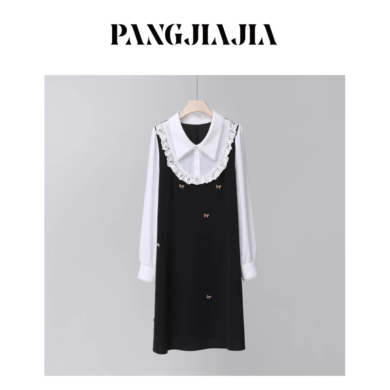 【胖佳佳】惬意时光 假两件连衣裙春季时尚撞色长袖裙子H624Q01199