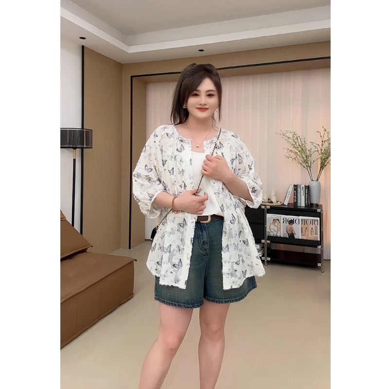 【胖佳佳】蝴蝶海 流苏衬衫女时尚气质立体剪花中袖罩衫H624C02699