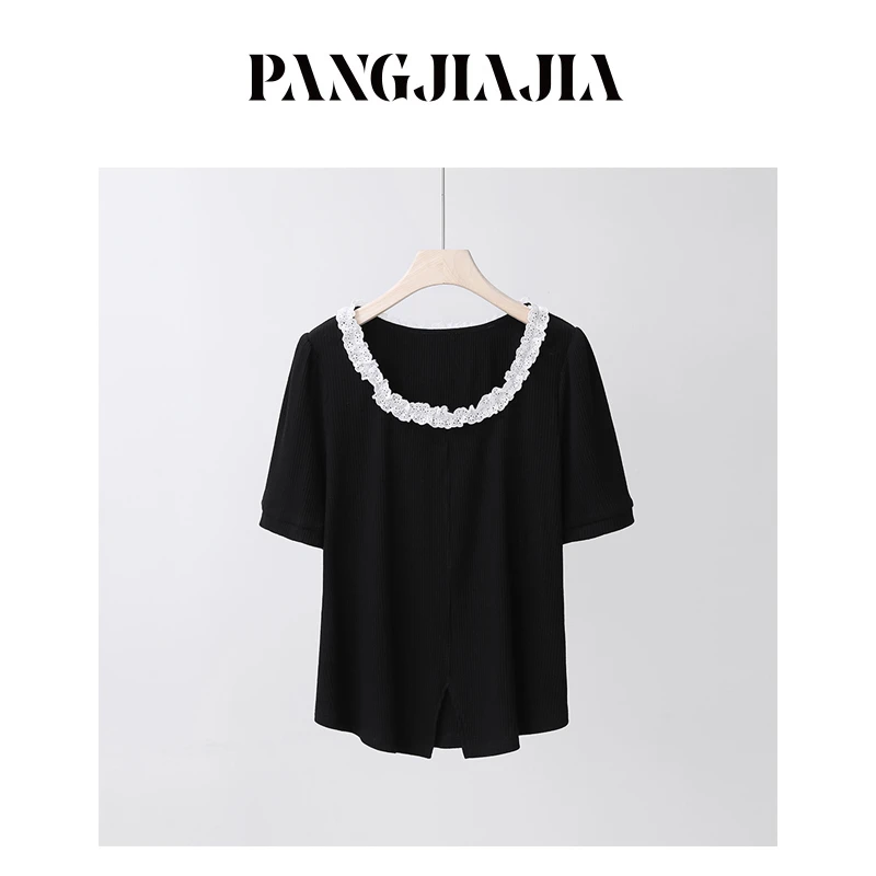 【胖佳佳】芭蕾甜豆 短袖T恤夏季时尚撞色花边拼接上衣H624Y07390