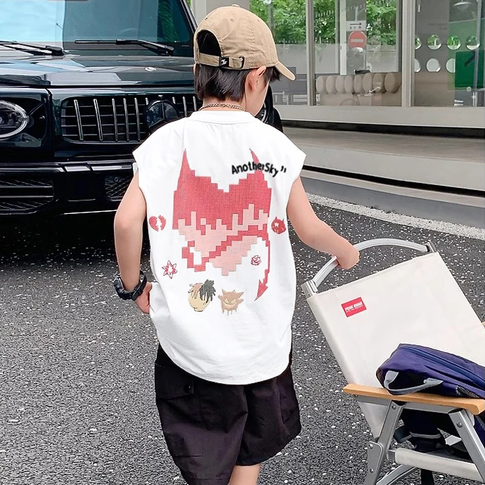 儿童坎肩背心2025夏装中大童纯棉上衣帅气潮酷男孩无袖男童t恤薄